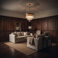 Load image into Gallery viewer, A luxury gold chandelier with clear glass tubes and a bronze frame hangs in a beautifully styled living room with dark wood paneling, a beige sofa, and a matching armchair.
