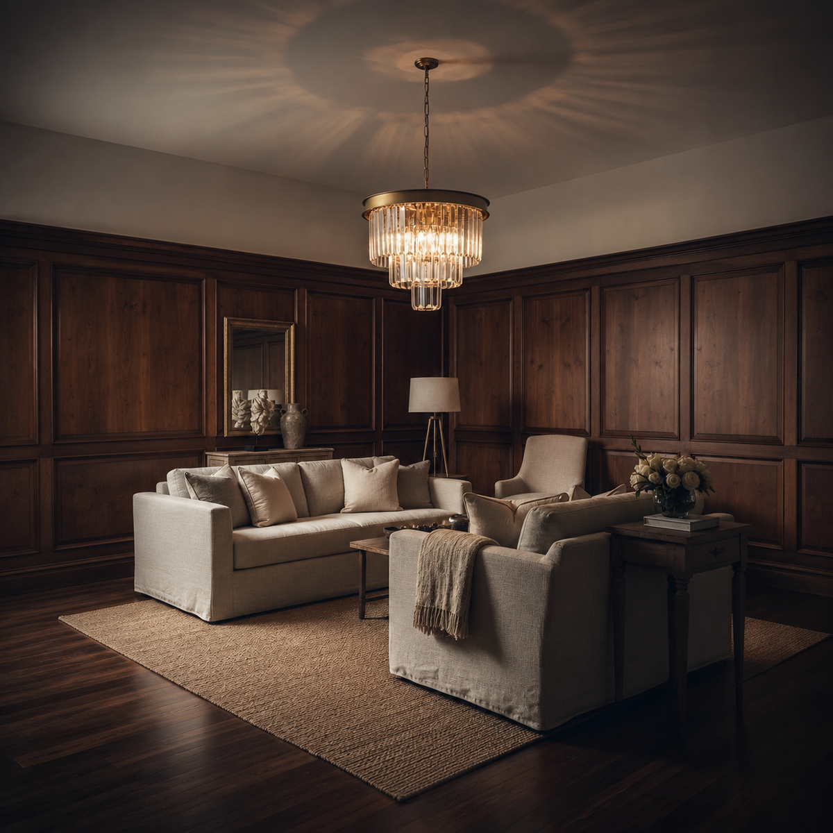 A luxury gold chandelier with clear glass tubes and a bronze frame hangs in a beautifully styled living room with dark wood paneling, a beige sofa, and a matching armchair.