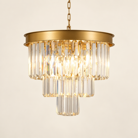 A modern tiered chandelier with a brushed gold metal frame and clear glass cylindrical prisms, illuminated against a warm off-white background.