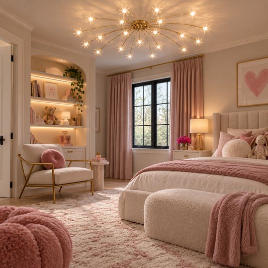A beautifully styled bedroom featuring a large, multi-arm gold chandelier with glowing bulbs hanging from the ceiling. The room has soft blush pink walls, matching pink curtains, a tufted beige headboard, and a plush pink and cream bedding set.