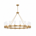Load image into Gallery viewer, A modern 16-light gold chandelier with a circular frame and clear glass cylinder shades, suspended by a chain from a matching ceiling canopy.
