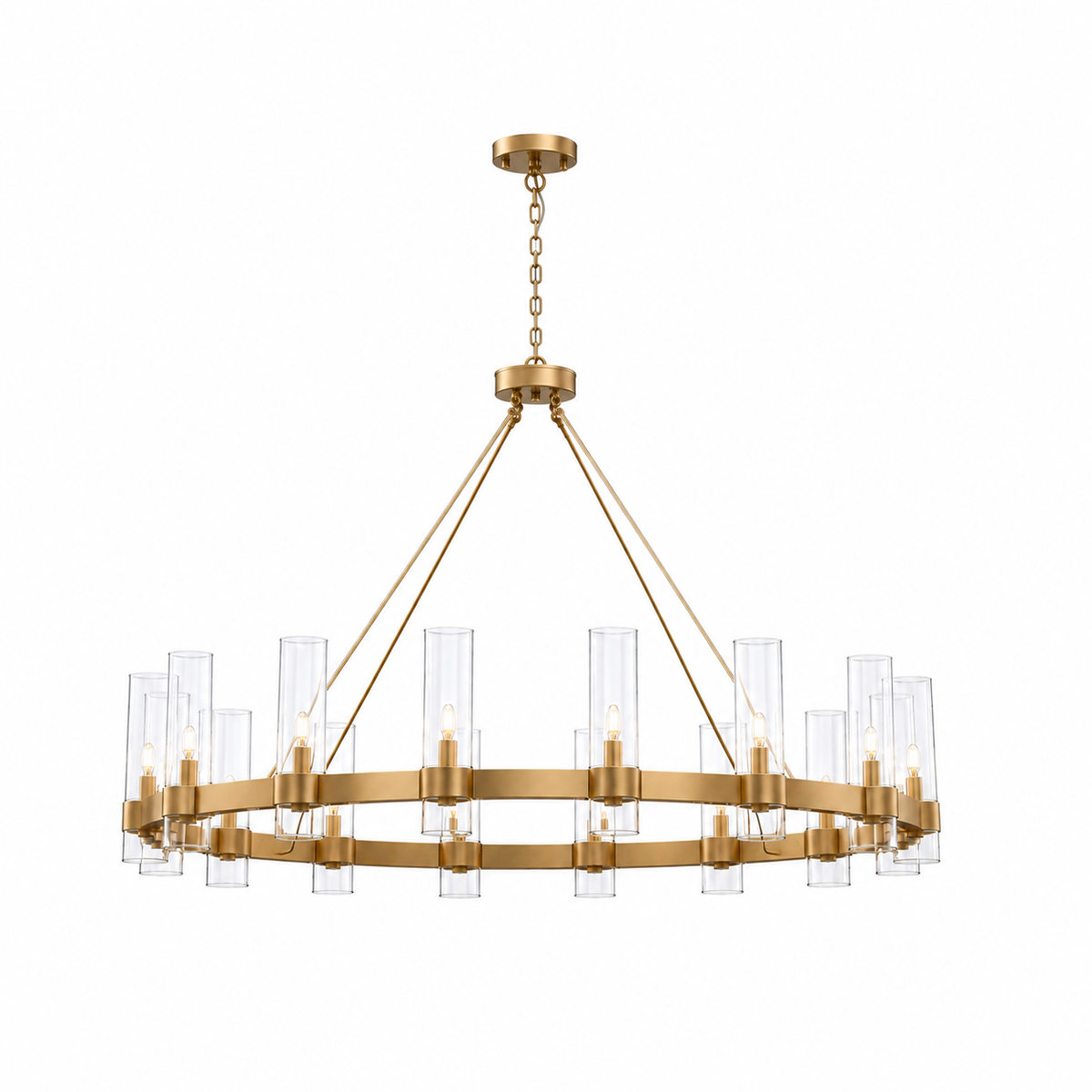 A modern 16-light gold chandelier with a circular frame and clear glass cylinder shades, suspended by a chain from a matching ceiling canopy.