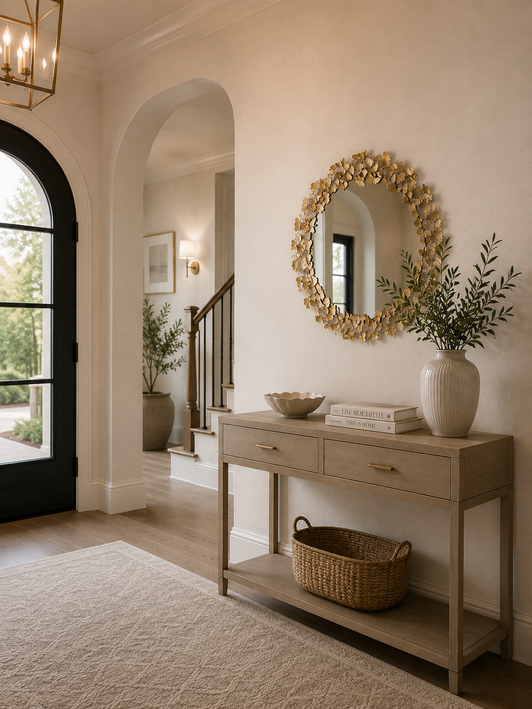 gold decorative mirror in foyer above traditional console table