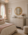 Load image into Gallery viewer, gold decorative mirror in a traditional girl's bedroom above dresser

