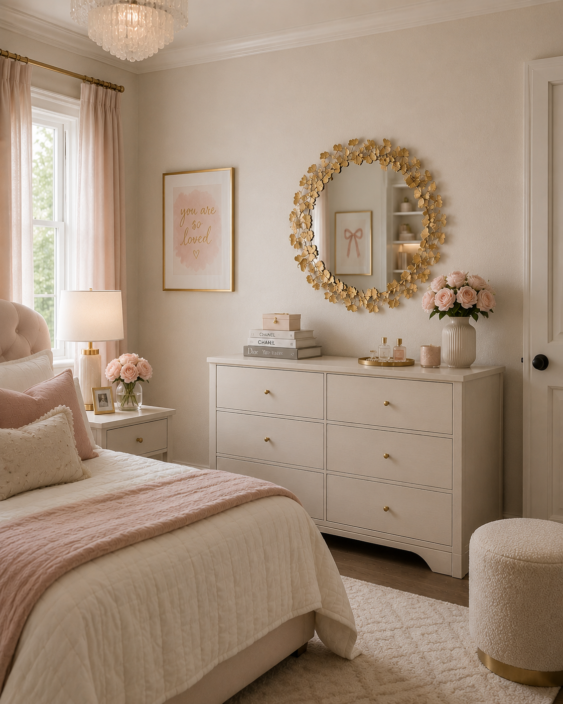 gold decorative mirror in a traditional girl's bedroom above dresser