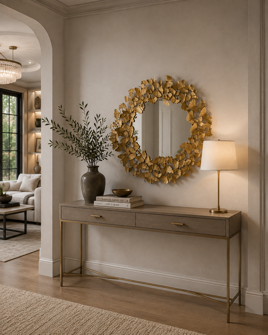gold decorative mirror over console in hallway with a vase and books and a table lamp