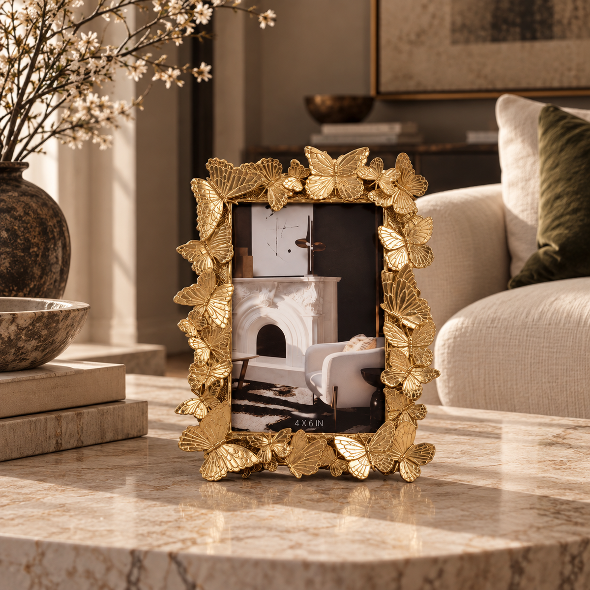 Butterfly gold picture frame with sculpted butterfly border on a marble coffee table