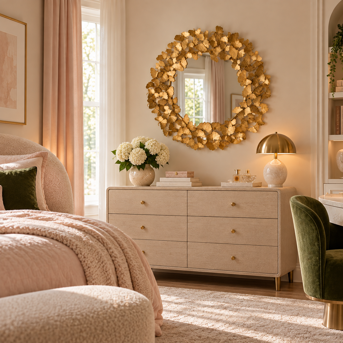 Round gold mirror with decorative leaf frame above a light wood dresser in an elegant girls bedroom with blush pink bedding and green velvet accents.