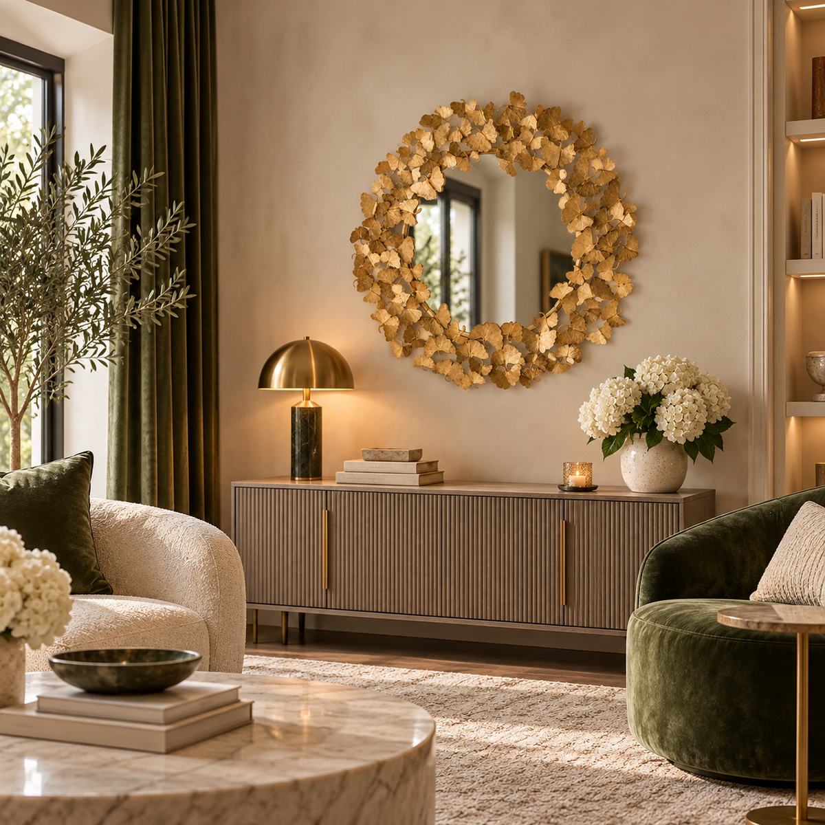 Gold mirror with decorative leaf frame above a modern credenza in an elegant living room with olive green velvet chairs and brass accents.