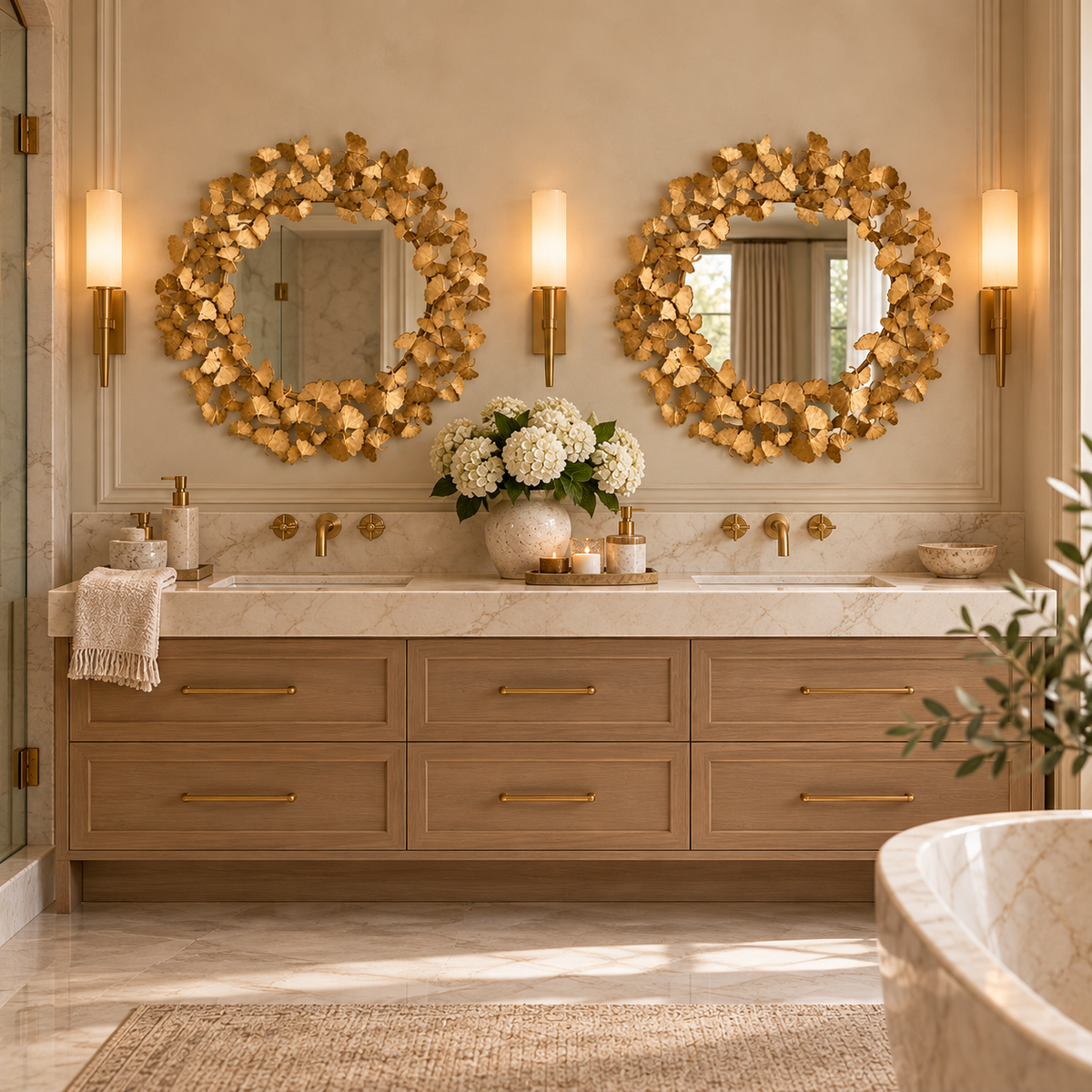 Two round gold mirrors with decorative leaf frames above a double-sink marble vanity in a luxurious master bathroom with brass fixtures.