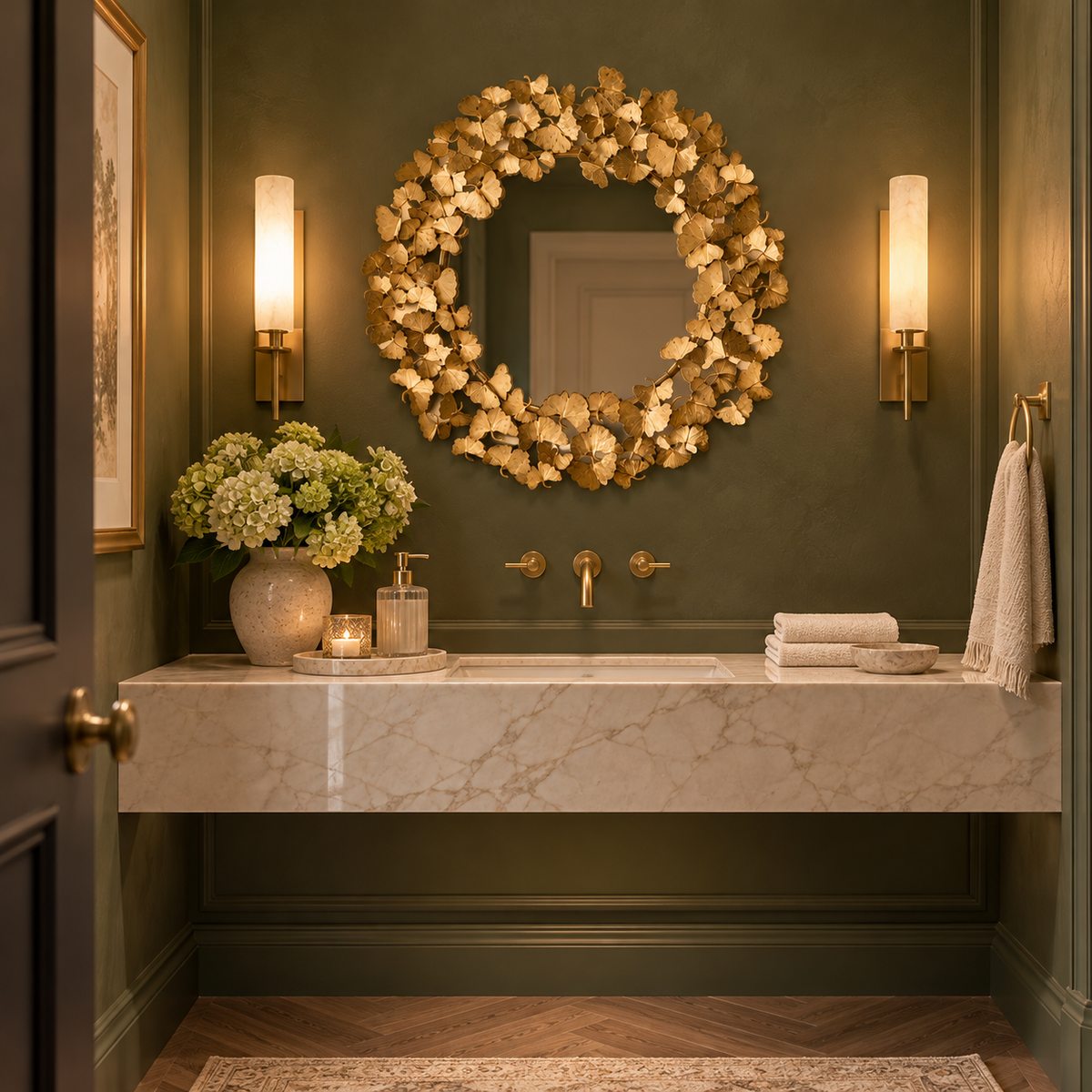 Round gold mirror with sculptural leaf frame above a marble vanity in an elegant powder room with olive green walls and brass sconces.