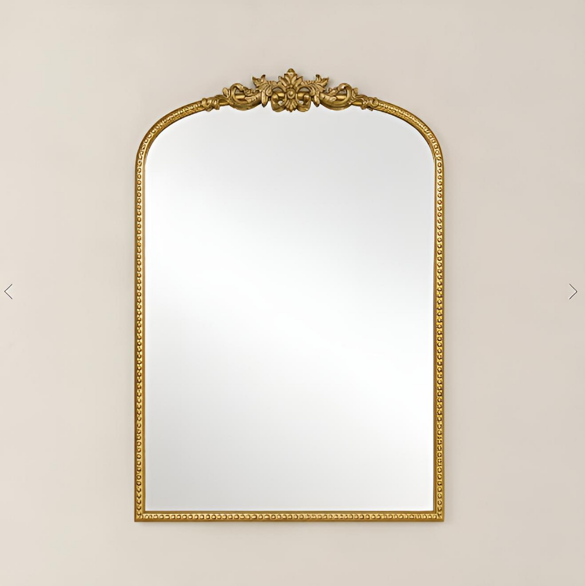 An ornate arched wall mirror with a decorative gold frame, featuring a sculpted floral crest at the top and a rope-textured border, shown against a light beige background.