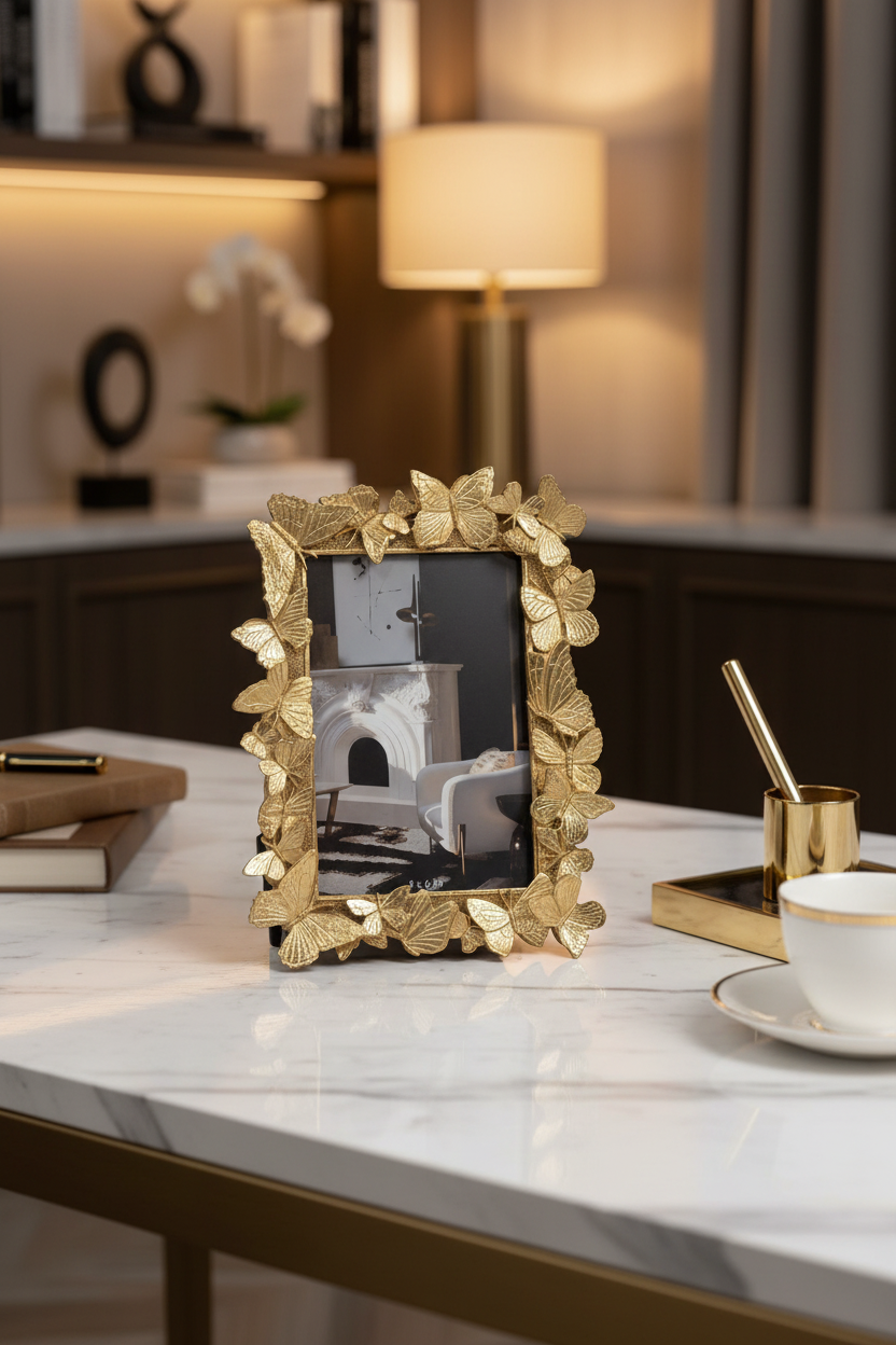 A rectangular picture frame with an ornate border made of metallic gold leaves and butterflies, holding a photograph of a white fireplace and chair scene.