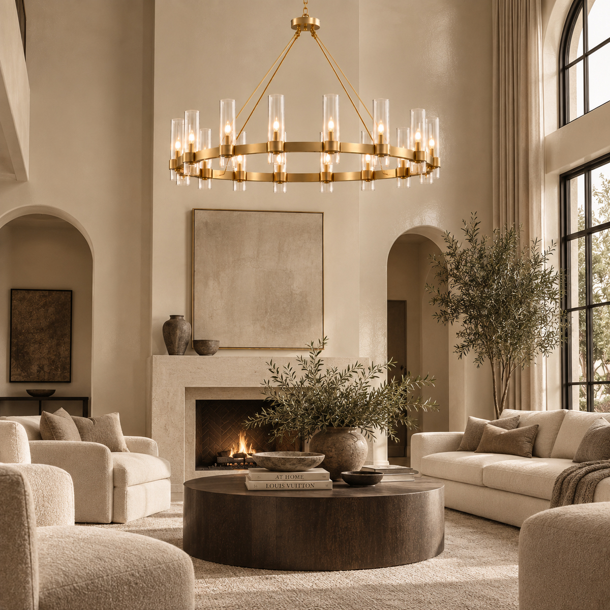 A large circular gold chandelier with clear glass tubes hangs over a round coffee table in a beautifully styled, warm beige living room with cream sofas, a fireplace, and tall windows.