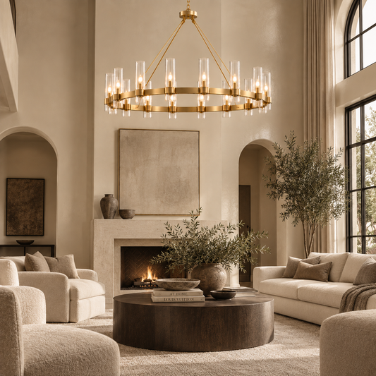 A large circular gold chandelier with clear glass tubes hangs over a round coffee table in a beautifully styled, warm beige living room with cream sofas, a fireplace, and tall windows.