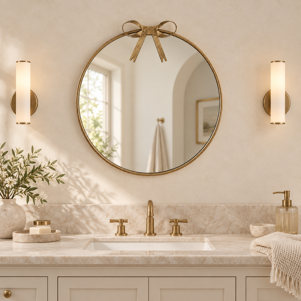 gold round mirror with a gold-toned frame and bow detail at the top, mounted above a white vanity with a gold faucet. The scene is styled like a bathroom with two matching wall sconces, marble countertop, soap dish, and decorative plants