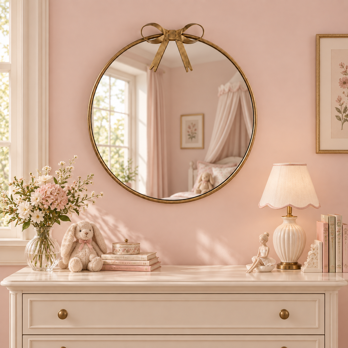 gold round mirror with a gold-toned frame and bow detail at the top, mounted on a pink wall above a white dresser in a styled nursery or bedroom setting.