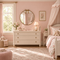 Load image into Gallery viewer, gold round mirror in pink bedroom above dresser and next to bed and window
