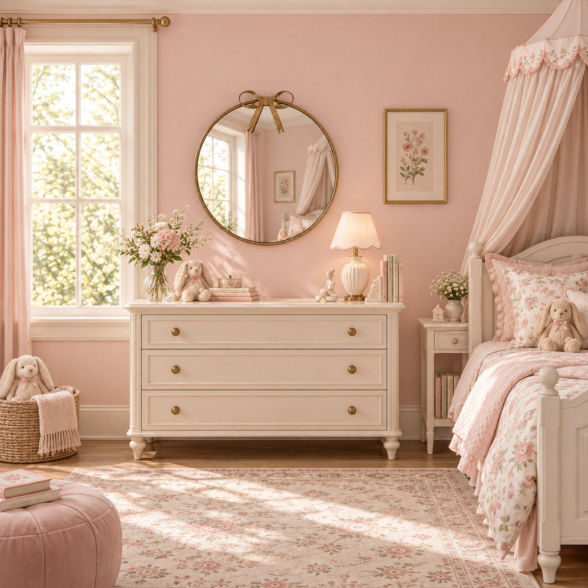 gold round mirror in pink bedroom above dresser and next to bed and window