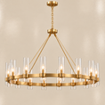 Load image into Gallery viewer, A modern 16-light chandelier with a brushed gold metal ring, clear glass cylindrical shades, and warm glowing bulbs, suspended from a matching gold chain against a neutral beige background.
