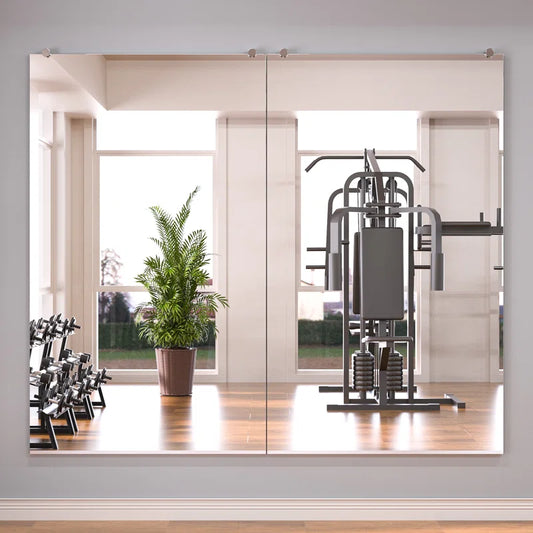 gym mirror in gym with weight lifting equipment and faux plant and weight set