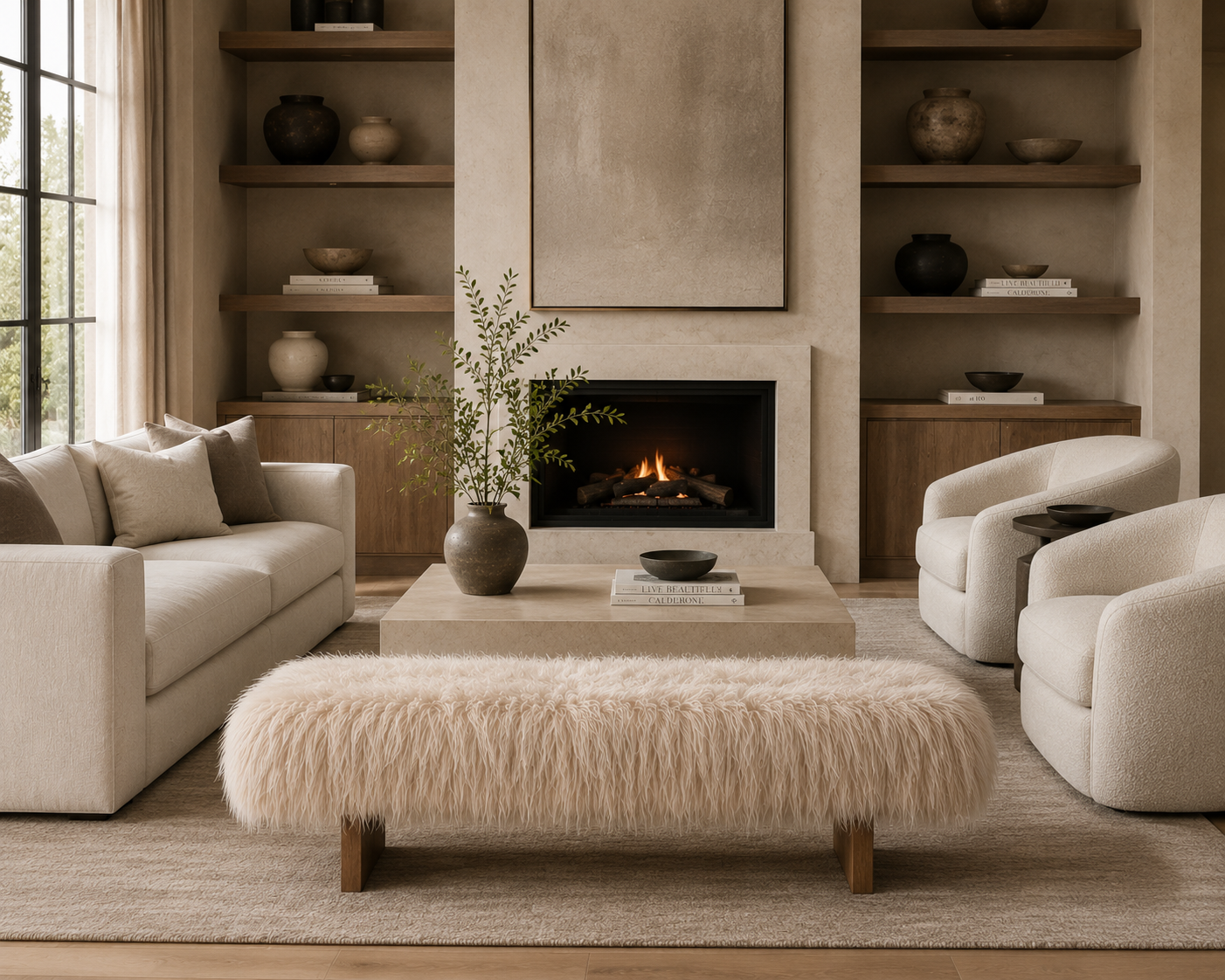 harlow bench in a living room across from a coffee table and chairs and a sofa