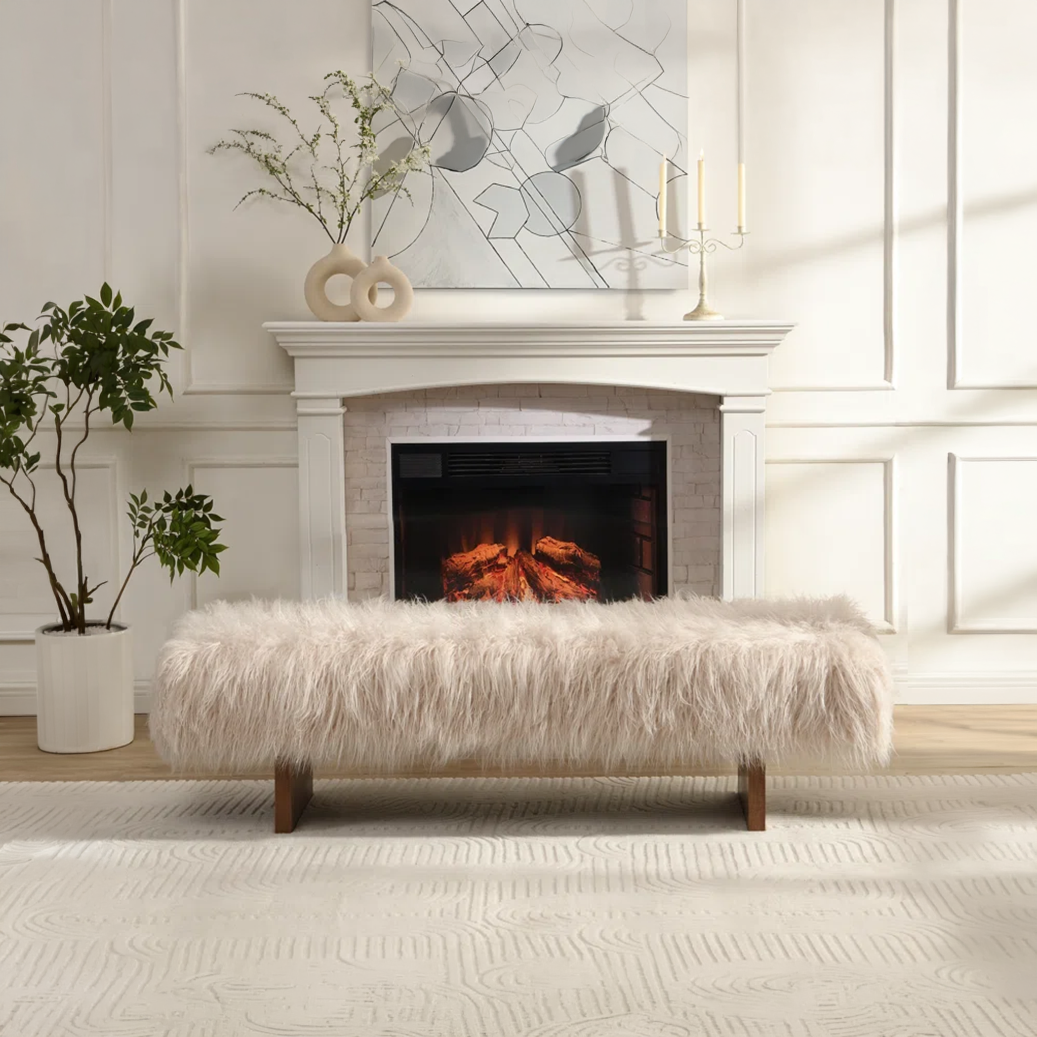HARLOW BENCH in front of fireplace on an area rug