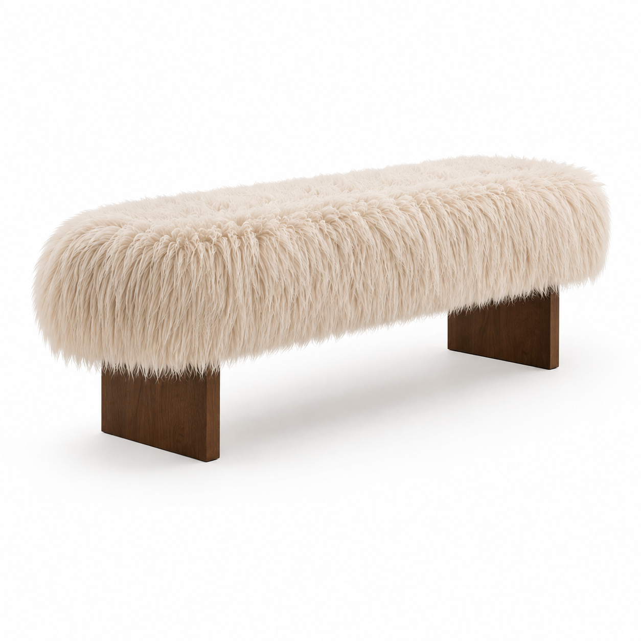 The harlow bench with a fluffy cream-colored faux fur or sheepskin seat and dark brown wooden legs, shown against a plain white background.