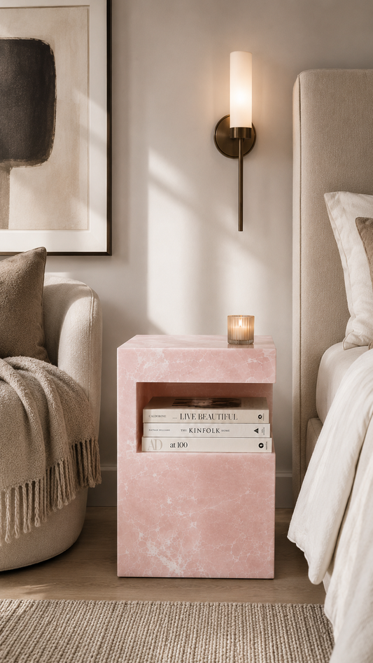 HARPER ONYX STONE TABLE close up in bedroom