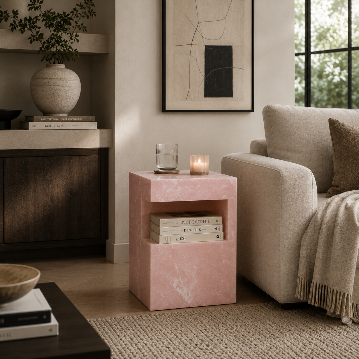 HARPER ONYX STONE TABLE next to couch with a glass of water and a candle on it and books inside it