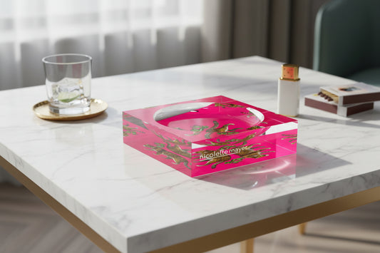 Hot Pink Catchall on table top next to a glass and lighter