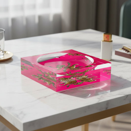 Hot pink catchall tray styled on a white marble table