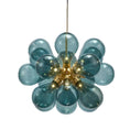 Load image into Gallery viewer, The House of Effy MODERN GLOBE CHANDELIER features a central gold structure with multiple blue glass bulb-like components arranged in a spherical formation, showcasing a creative design perfect for any modern aesthetic.
