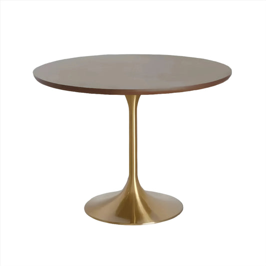 A round, modern House of Effy ROUND CAFE TABLE with a glossy brown top and a golden pedestal base, set against a plain gray background.