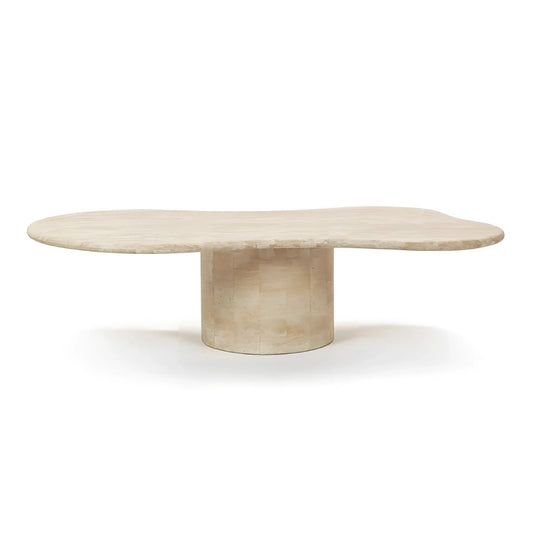 A minimalist TRAVERTINE COFFEE TABLE from House of Effy, made of light-colored marble, featuring a smooth top and a cylindrical central base, exuding elegance and isolated on a white background.