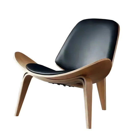 Modern House of Effy Shell Chair with a sleek black seat and curved wooden legs and armrests, isolated on a white background.