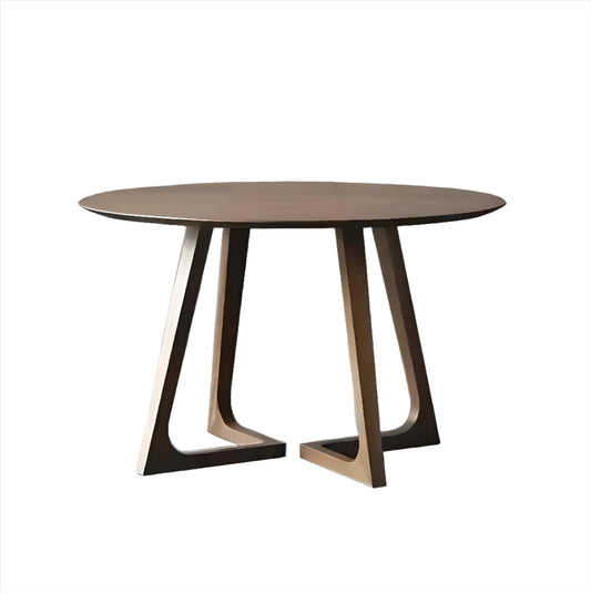 Modern round House of Effy pine wood dining table with unique interlocking legs design, positioned on a gradient gray background.