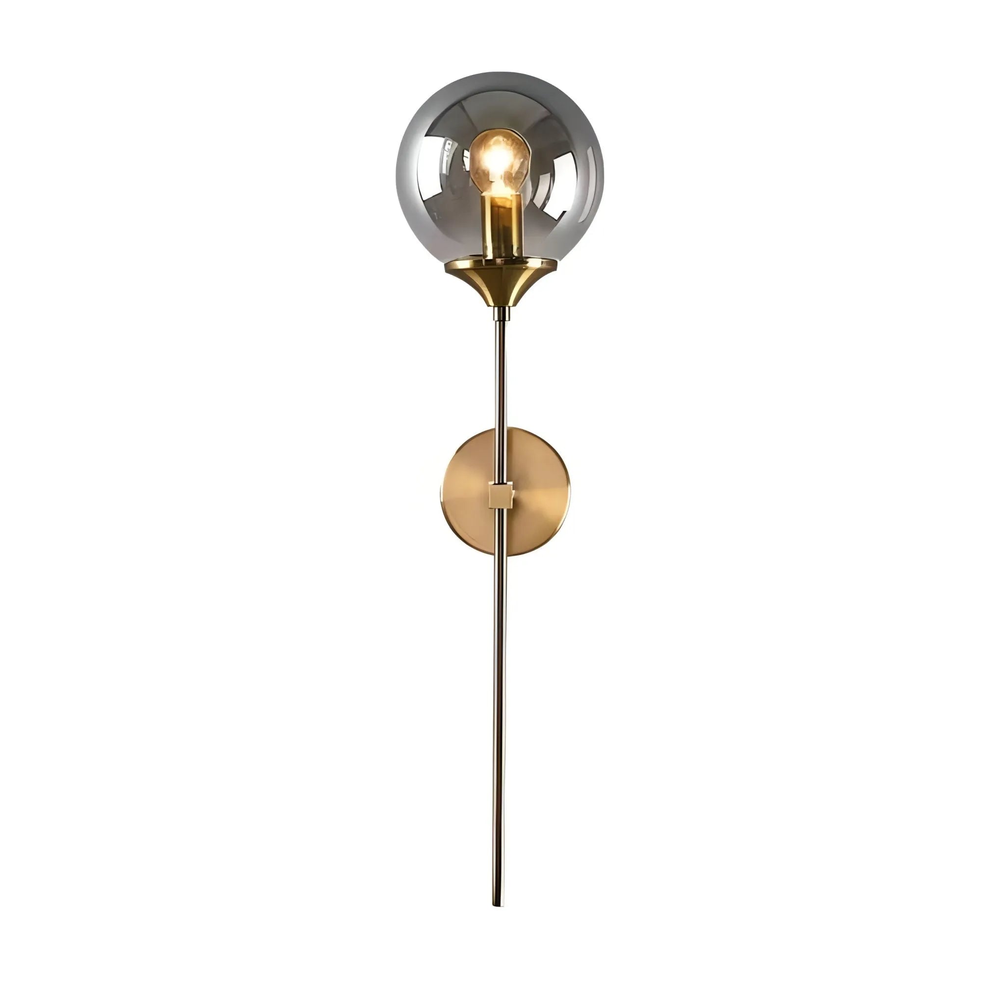 House of Effy's contemporary wall sconce, the "Reflection Brass Wall Sconce," features a brass finish with a round, reflective backplate and a single exposed bulb.