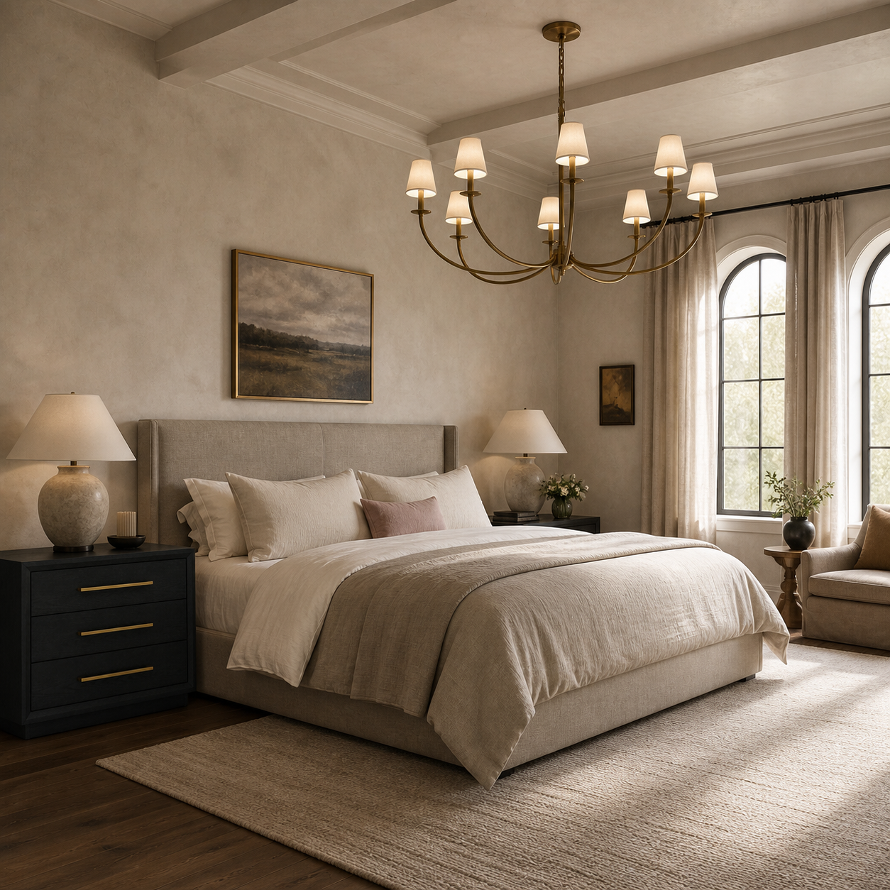 A styled bedroom interior featuring a large bed dressed in neutral beige and white linens, flanked by dark nightstands with gold-tone handles and lit table lamps. A brass chandelier hangs above, and arched windows with cream drapes are visible in the background along with a rug and wall art.