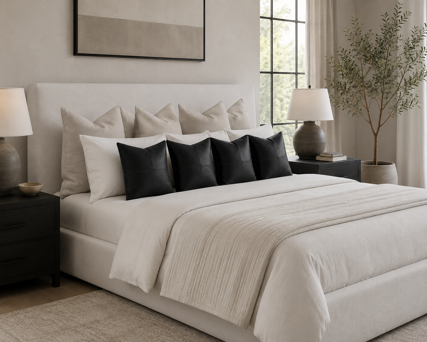 leather pillow cover on bed in bedroom