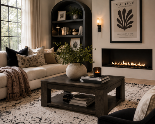 lift top coffee table in the foreground, a cream sofa with patterned pillows, a black arched shelving unit, a fireplace with a black frame, and a large framed Matisse print on the wall.