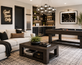 Load image into Gallery viewer, A modern, stylishly decorated game room featuring a dark wood pool table, a matching dark wood coffee table, a light beige sectional sofa, a patterned area rug, and a black bar area in the background.
