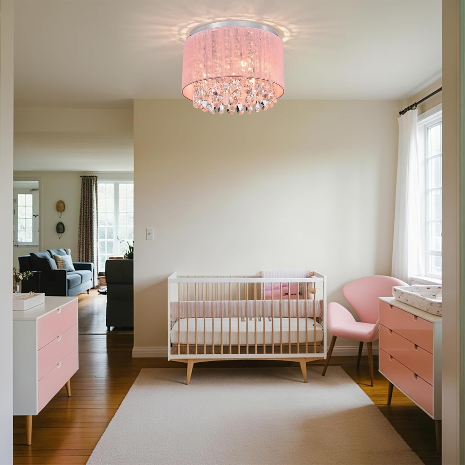Lilly Pink Drum Chandelier Flush Mount Chandelier Crystal Ceiling Light Fixture 3 Light Bedroom Chandelier in nursery.