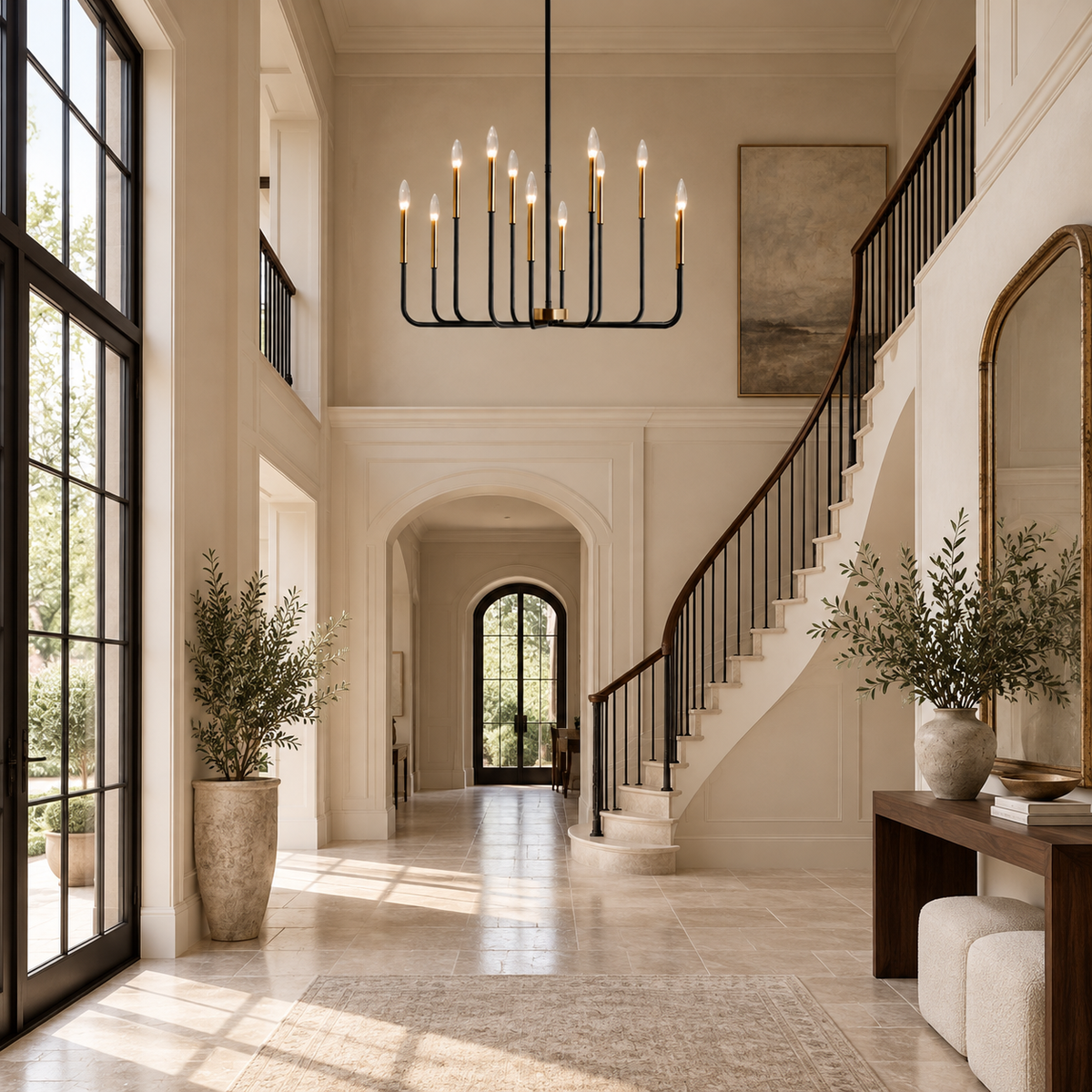 Lincoln black and gold 12-light chandelier in a double-height foyer