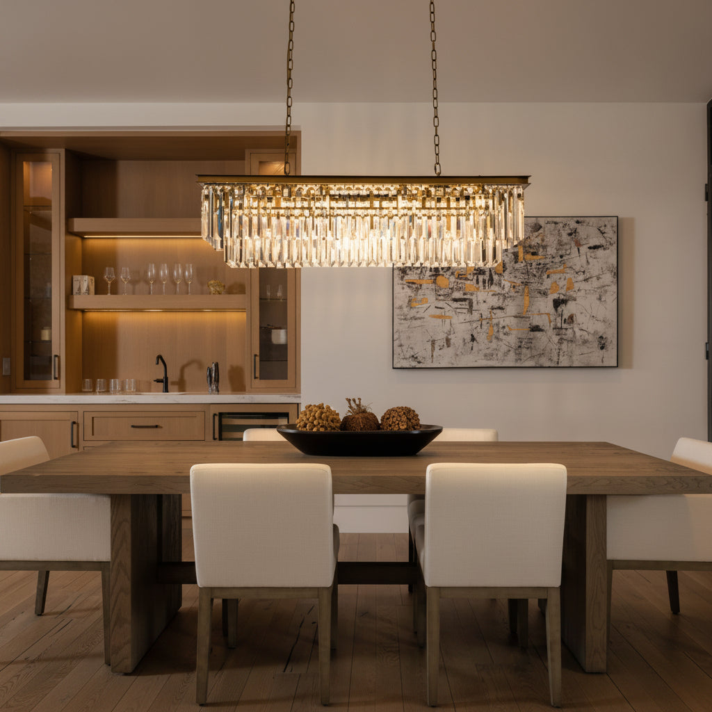 linear crystal chandelier over dining table with dining chairs