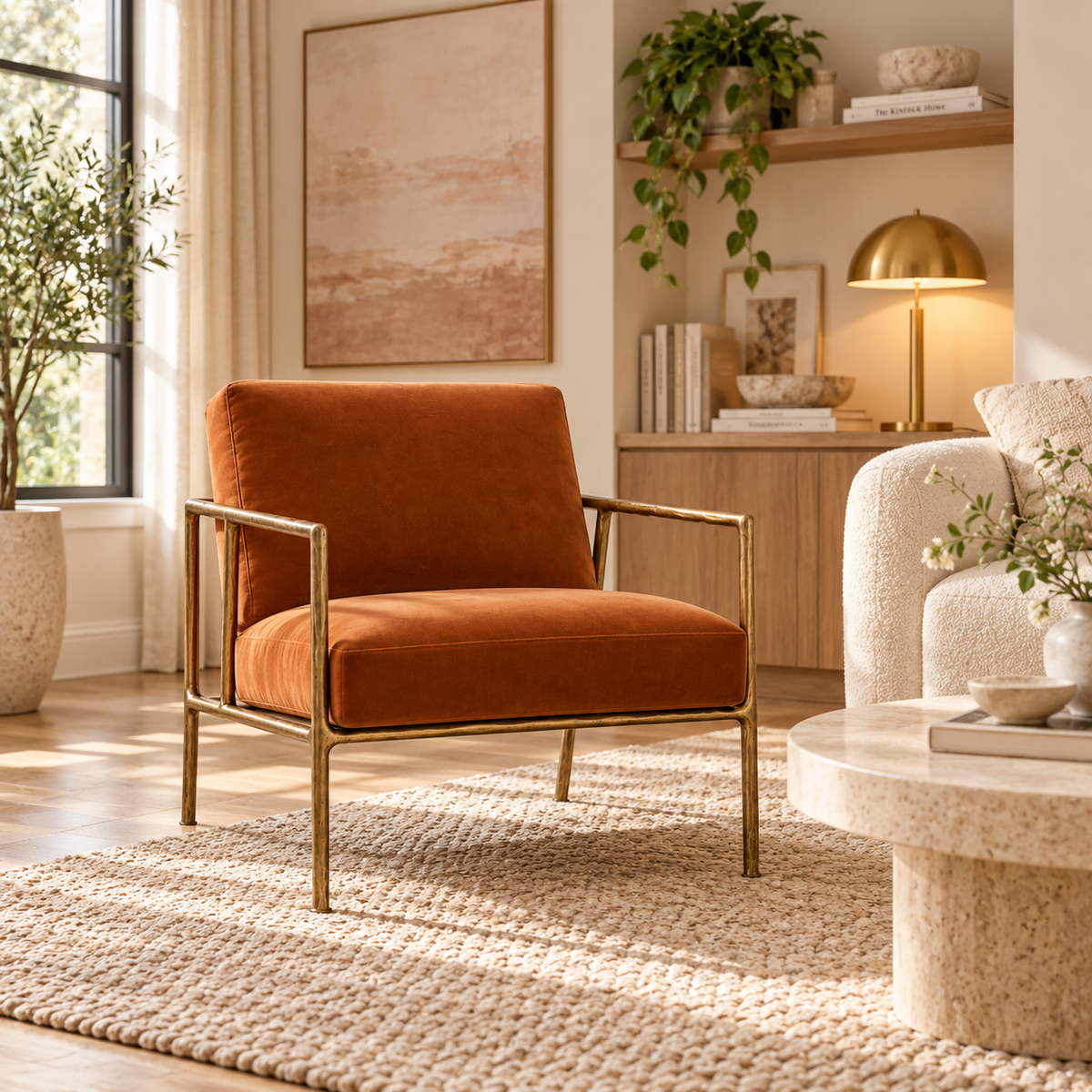 lounge chair orange in room across from coffee table with lamp in the background