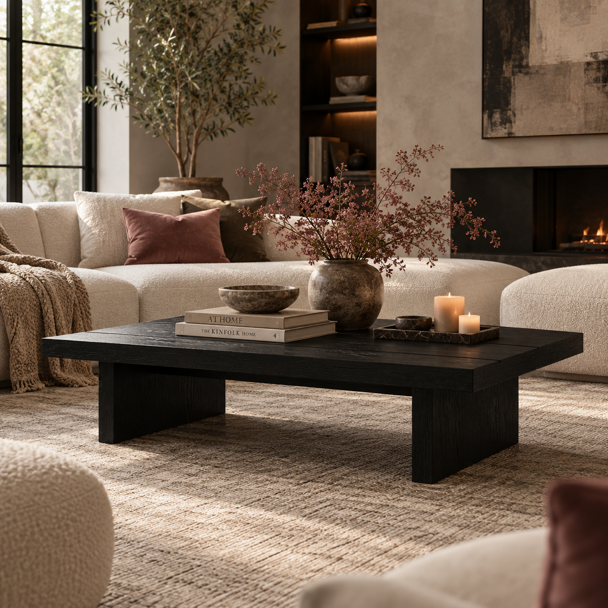 A dark wood rectangular coffee table in a modern living room setting, styled with books, a ceramic vase of dried branches, and candles on a textured beige rug.