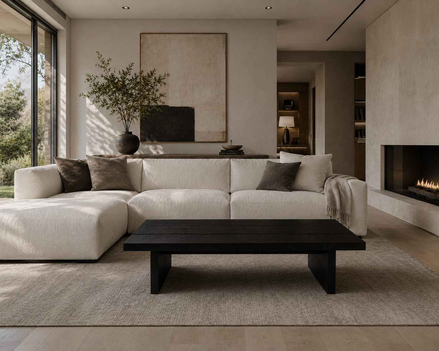 A modern living room featuring a large off-white sectional sofa with dark throw pillows, luka coffee table, a textured beige rug, and a built-in fireplace on the right.