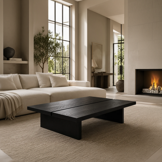 luka coffee table by sofa on top of area rug across from fireplace