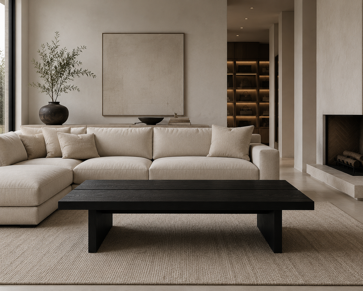 luka coffee table in a living room with sofa, vase, artwork on walls and fireplace